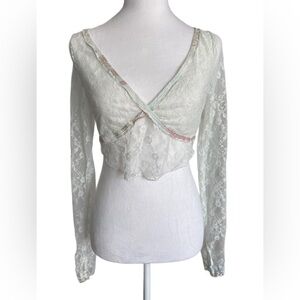 Free People Lace Crop Top Cream Green Small